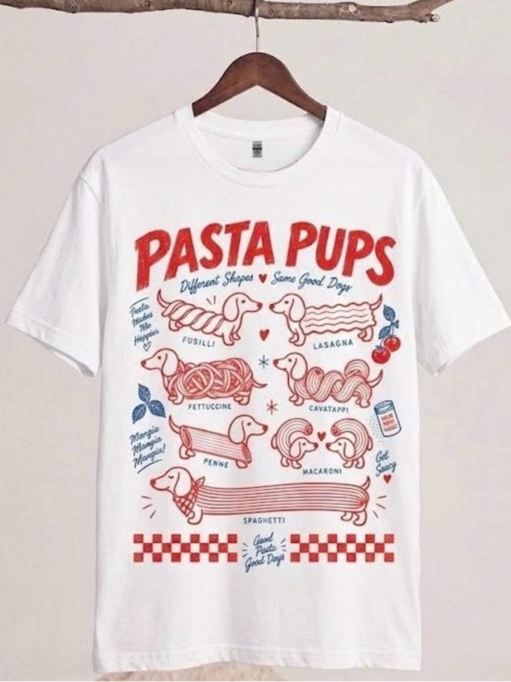 White 'Pasta Pups' Graphic Tee with Red & Blue Print